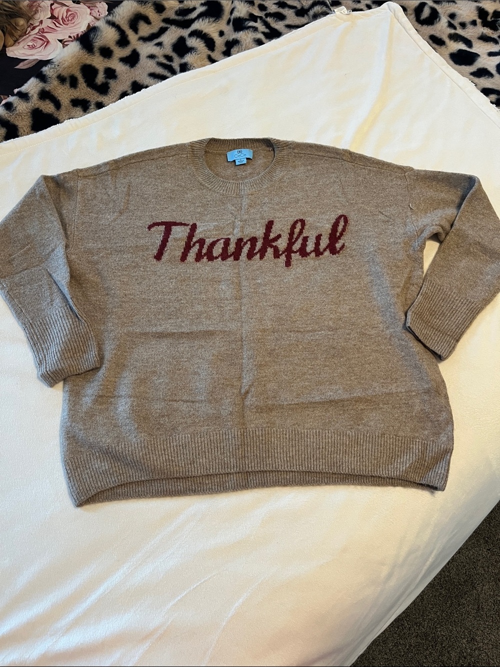 CeCe Taupe Crewneck Sweater with Burgundy 'Thankful' Script